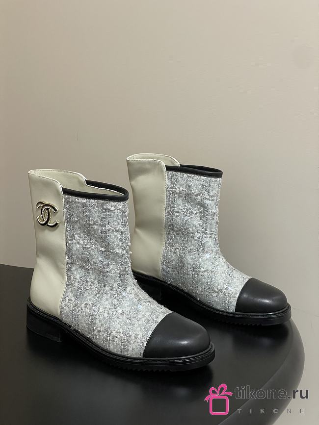 Chanel Sequins & Calfskin Short Boots White - 1