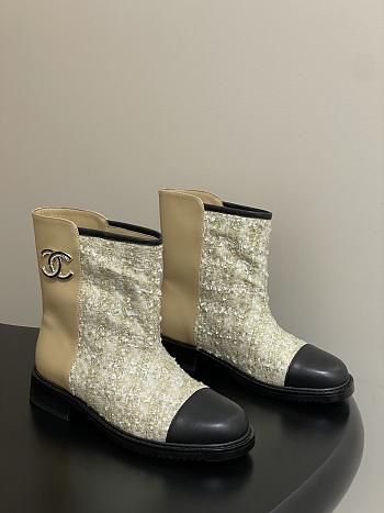 Chanel Sequins & Calfskin Short Boots Beige