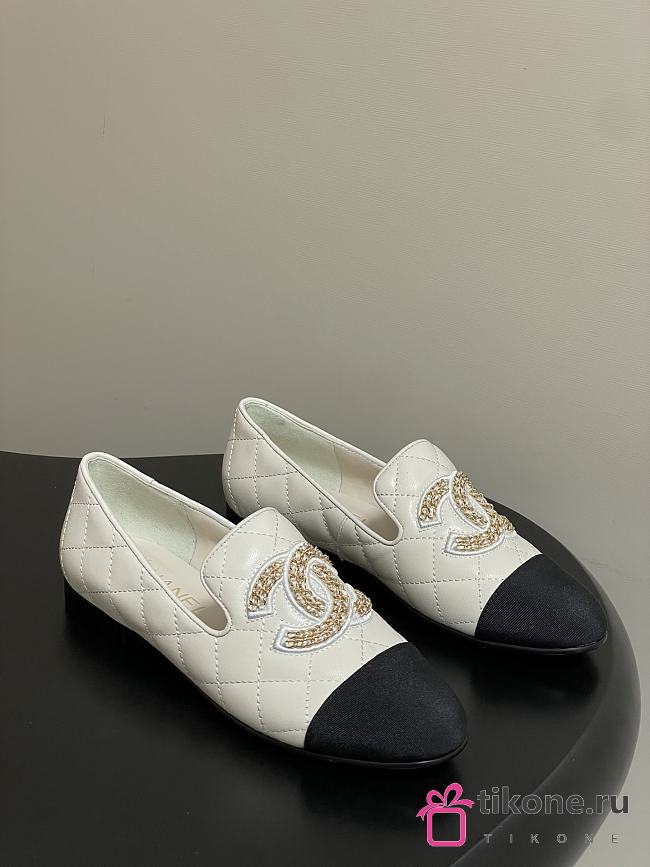 Chanel Quilted Loafers Gold CC Embellished Black White - 1