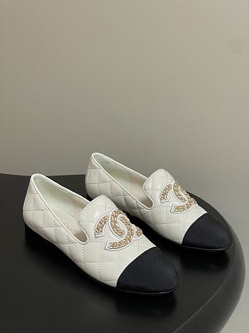 Chanel Quilted Loafers Gold CC Embellished Black White