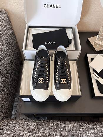 Chanel Black Calfskin Sneakers with Gold CC Logo