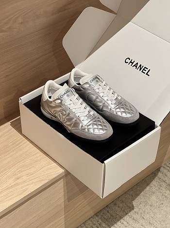 Chanel Sneakers Shiny Calfskin Suede Calfskin Silver & White