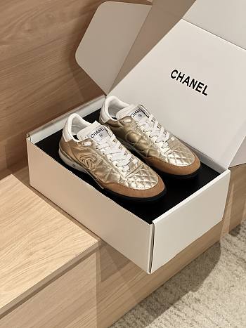 Chanel Sneakers Shiny Calfskin Suede Calfskin Gold & White