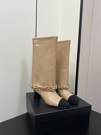 Chanel High Boots Lambskin & Grosgrain Beige & Black
