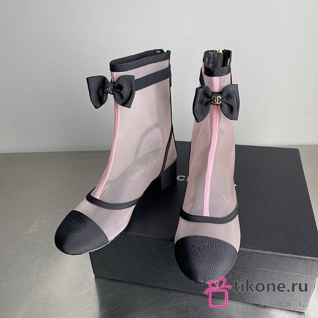 Chanel Short Boots Mesh & Grosgrain Light Pink & Black - 1