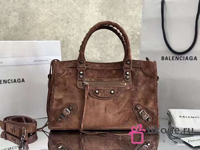 Balenciaga Le City Bag Small in Coffee Suede Calfskin Brass Hardware - 29.9x19.1x9.9cm - 1
