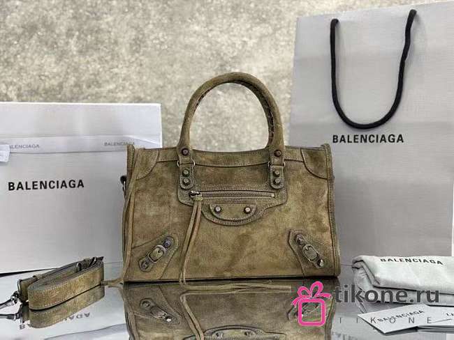 Balenciaga Le City Bag Small in Green Suede Calfskin Brass Hardware - 29.9x19.1x9.9cm - 1