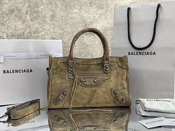 Balenciaga Le City Bag Small in Green Suede Calfskin Brass Hardware - 29.9x19.1x9.9cm