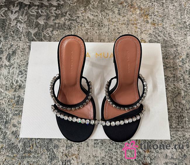 Amina Muaddi Gigi Slipper 95 Black Satin And White Crystals - 1