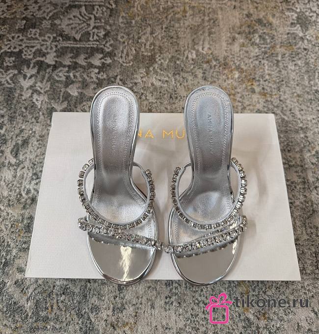 Amina Muaddi Gigi Slipper 95 Silver Mirror And White Crystals - 1