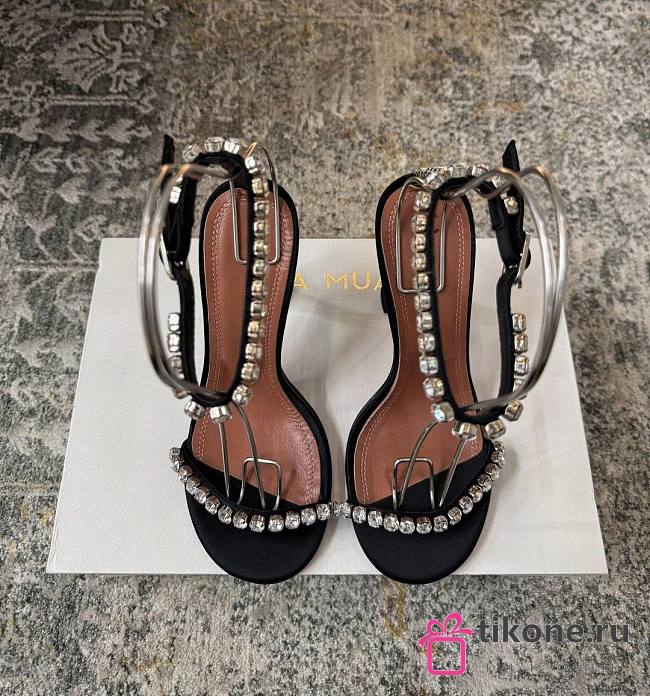 Amina Muaddi Gigi Sandal 95 Black Satin And White Crystals - 1