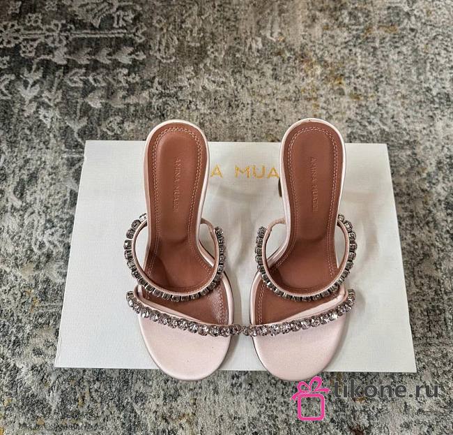Amina Muaddi Gigi Slipper 95 Pink Satin And Pink Crystals - 1