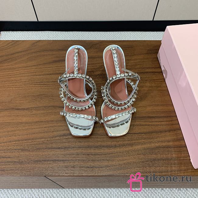 Amina Muaddi Gilda Glass Sandal 95 Silver Mirror and White Crystals - 1