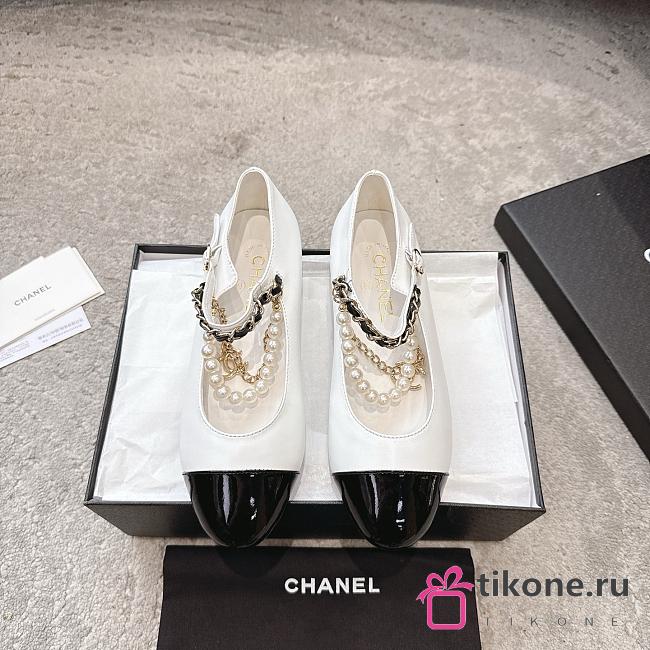 Chanel Mary Janes Lambskin Patent Calfskin Imitation Pearls & Metal White & Black - 1