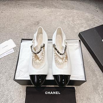 Chanel Mary Janes Lambskin Patent Calfskin Imitation Pearls & Metal White & Black