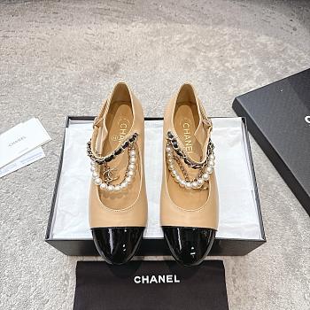 Chanel Mary Janes Lambskin Patent Calfskin Imitation Pearls & Metal Beige & Black