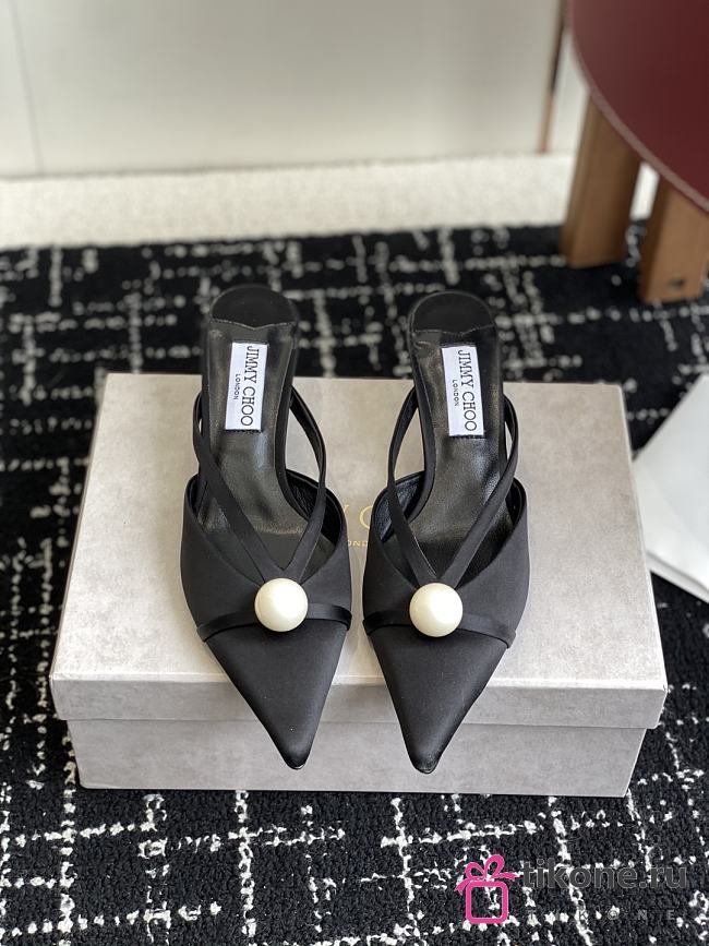 Jimmy Choo Sana Mule 50 Black Satin Mule with Pearl  - 1