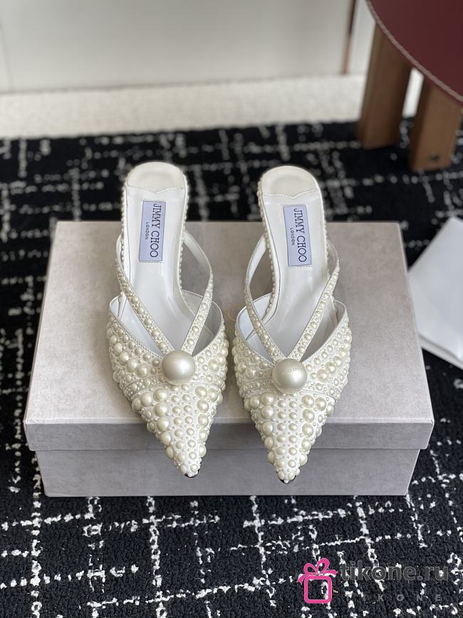 Jimmy Choo Sana Mule 50 White Satin Mule with Pearl Embellishments - 1