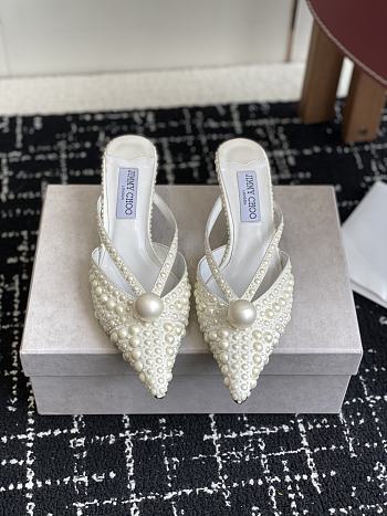Jimmy Choo Sana Mule 50 White Satin Mule with Pearl Embellishments
