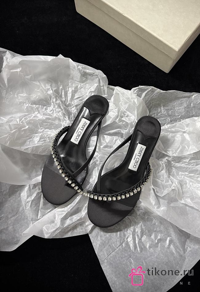Jimmy Choo Dila 35 Black Leather Mule Sandal with Woven Satin Crystals - 1