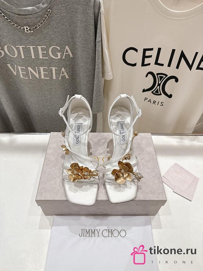 Jimmy Choo Zea 95 White Satin Sandals with Metal Flowers - 1