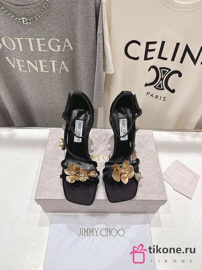 Jimmy Choo Zea 95 Black Satin Sandals with Metal Flowers - 1