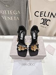 Jimmy Choo Zea 95 Black Satin Sandals with Metal Flowers - 1