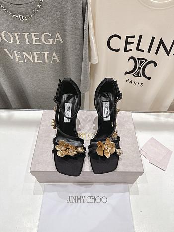 Jimmy Choo Zea 95 Black Satin Sandals with Metal Flowers