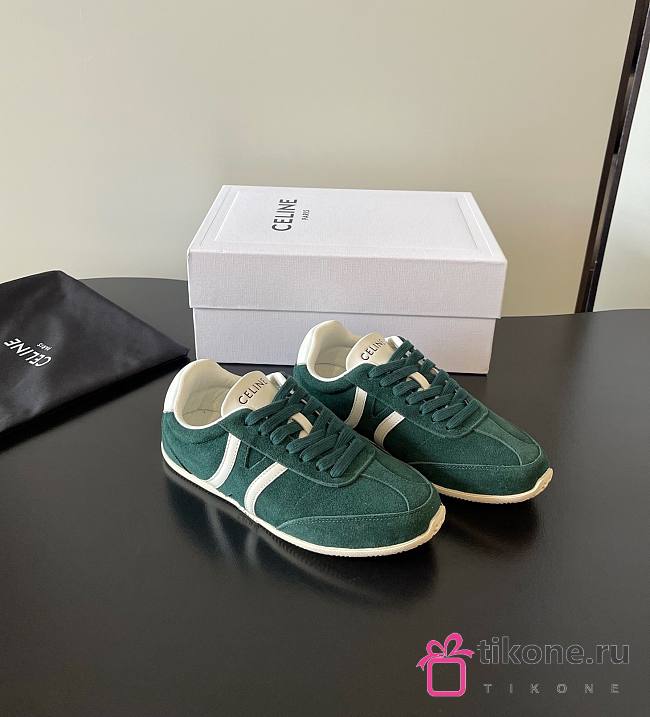 Celine Jogger Low Lace-Up Sneaker With Triomphe In Suede Calfskin And Calfskin Bottle Green - 1