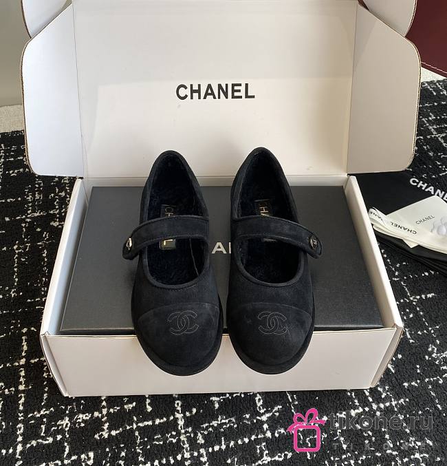 Chanel Mary Jane Flats Suede and Shearling Black - 1