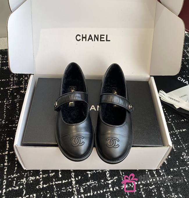 Chanel Mary Jane Flats Lamskin and Shearling Black - 1