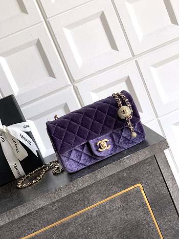 Chanel Mini Flap Bag Velvet Diamanté & Gold Tone Metal Purple - 20x13x7cm