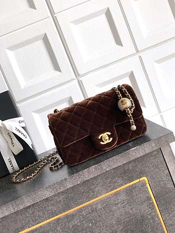 Chanel Mini Flap Bag Velvet Diamanté & Gold Tone Metal Dark Brown - 20x13x7cm