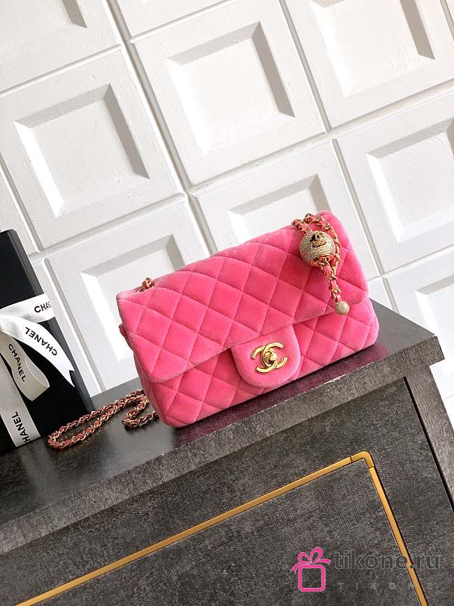 Chanel Mini Flap Bag Velvet Diamanté & Gold Tone Metal Pink - 20x13x7cm - 1
