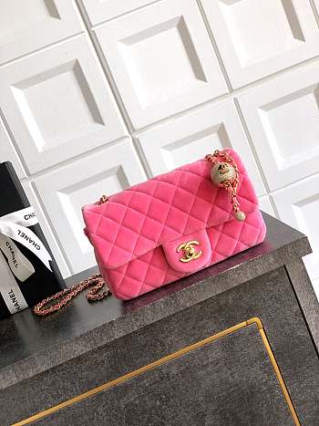 Chanel Mini Flap Bag Velvet Diamanté & Gold Tone Metal Pink - 20x13x7cm