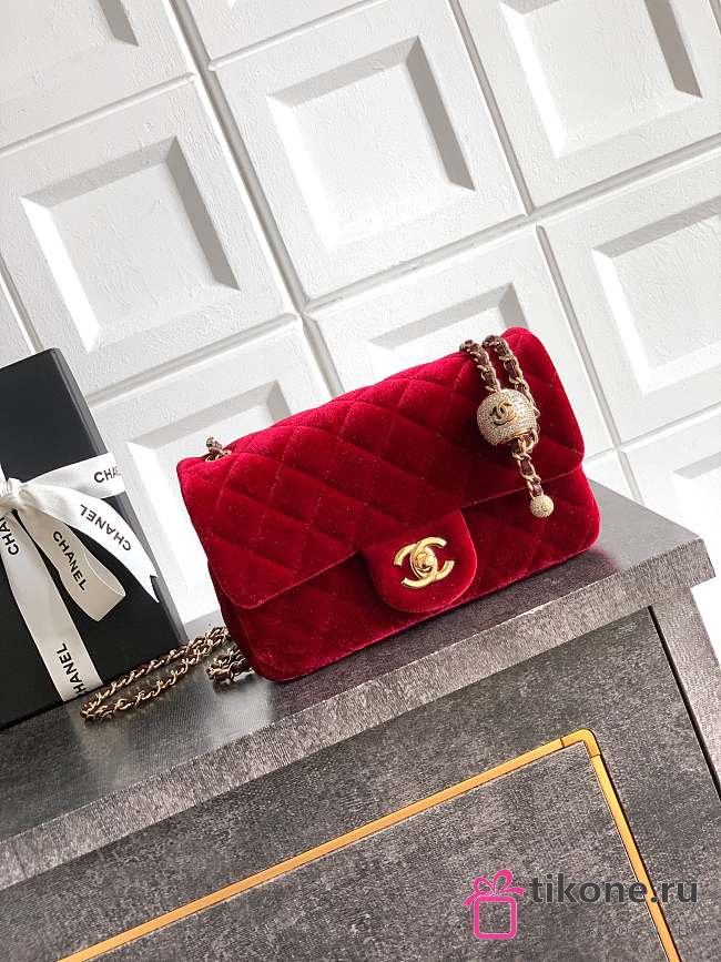 Chanel Mini Flap Bag Velvet Diamanté & Gold Tone Metal Red  - 20x13x7cm - 1