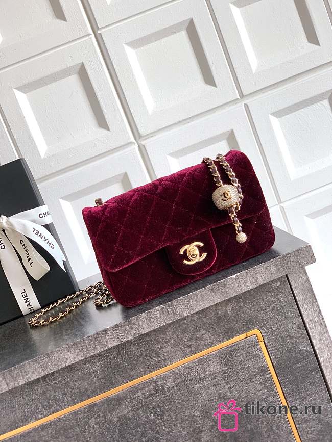 Chanel Mini Flap Bag Velvet Diamanté & Gold Tone Metal Burgundy - 20x13x7cm - 1