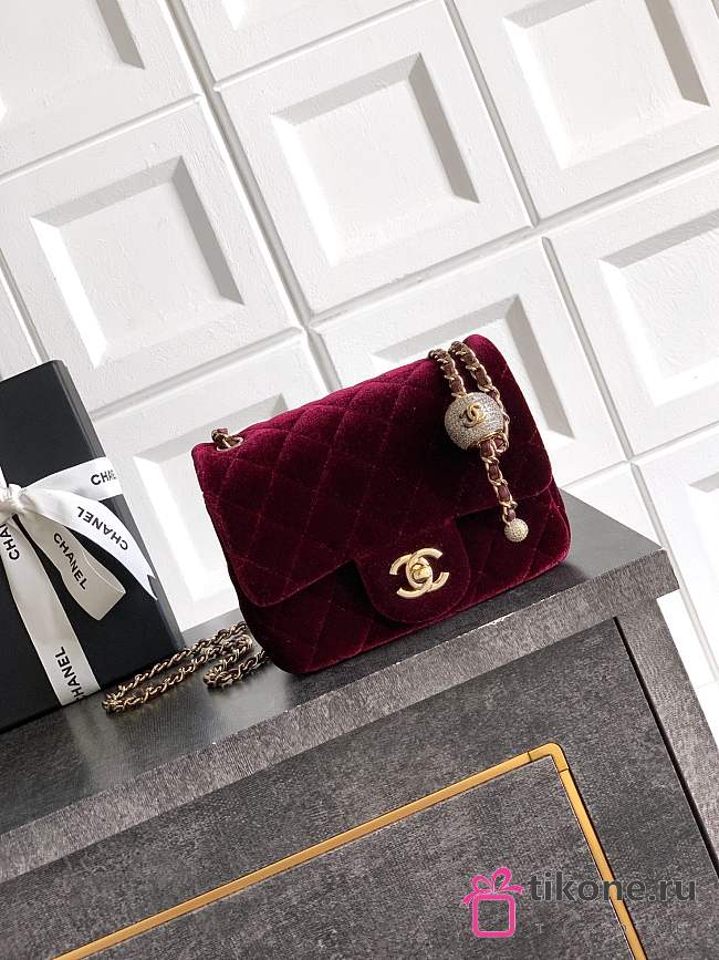 Chanel Mini Flap Bag Velvet Strass & Gold Tone Metal Burgundy - 18x13x7cm - 1