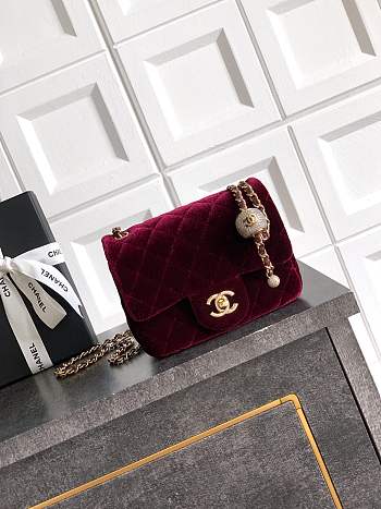 Chanel Mini Flap Bag Velvet Strass & Gold Tone Metal Burgundy - 18x13x7cm