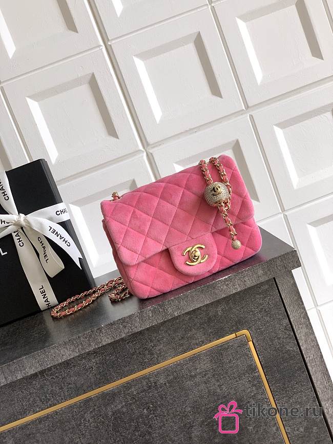 Chanel Mini Flap Bag Velvet Strass & Gold Tone Metal Pink - 18x13x7cm - 1