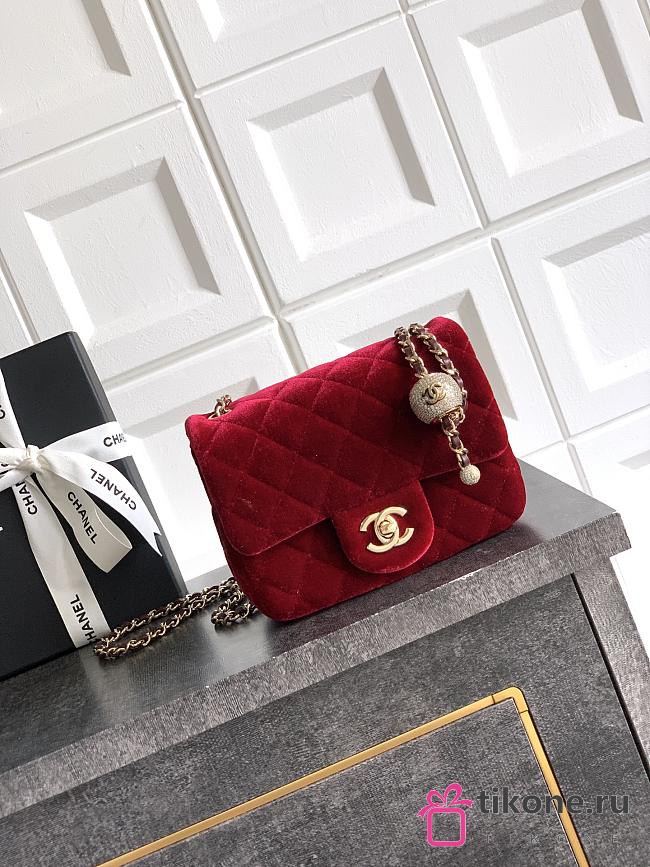 Chanel Mini Flap Bag Velvet Strass & Gold Tone Metal Red - 18x13x7cm - 1