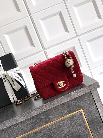 Chanel Mini Flap Bag Velvet Strass & Gold Tone Metal Red - 18x13x7cm