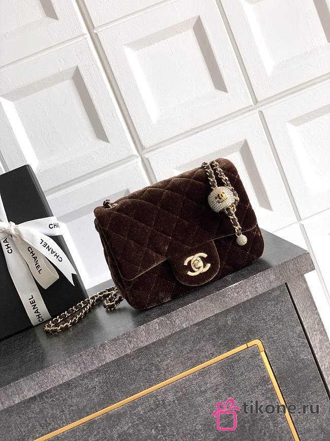 Chanel Mini Flap Bag Velvet Strass & Gold Tone Metal Dark Brown - 18x13x7cm - 1