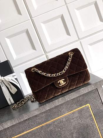 Chanel Small Classic Handbag Velvet & Gold Metal Dark Brown - 23x14.5x6cm