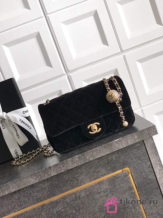 Chanel Mini Flap Bag Velvet Diamanté & Gold Tone Metal Black - 20x13x7cm - 1