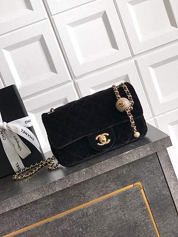 Chanel Mini Flap Bag Velvet Diamanté & Gold Tone Metal Black - 20x13x7cm