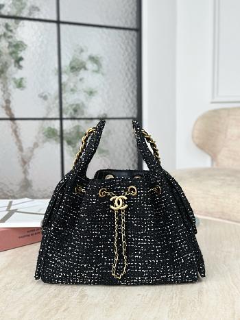 Chanel 25 Handbag Small Tweed Sequins Gold Tone Metal Black - 30x26x14cm