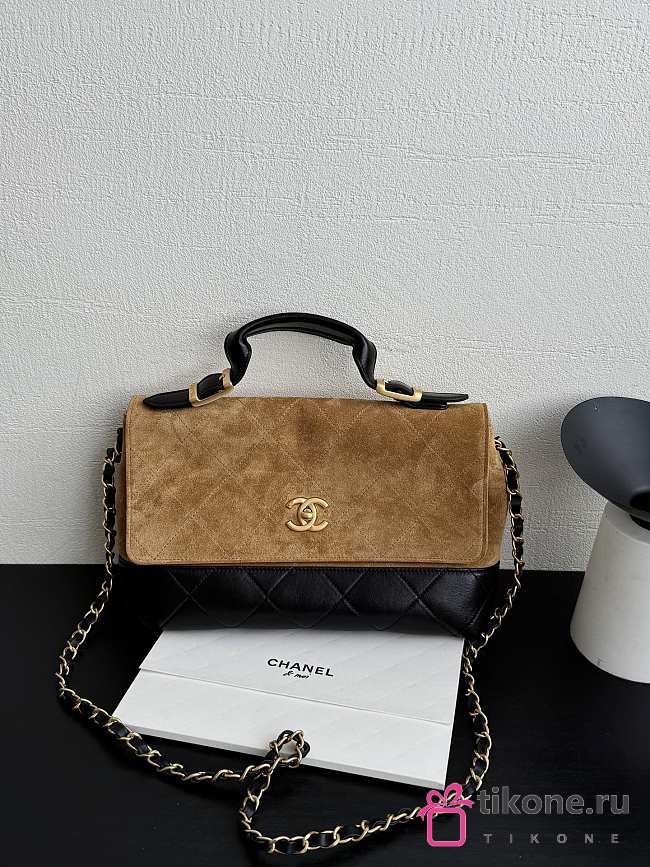 Chanel Large Flap Bag With Top Handle Suede Calfskin Shiny Lambskin & Gold Tone Metal Beige & Black - 29x18x8cm - 1