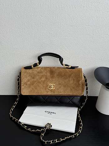 Chanel Large Flap Bag With Top Handle Suede Calfskin Shiny Lambskin & Gold Tone Metal Beige & Black - 29x18x8cm