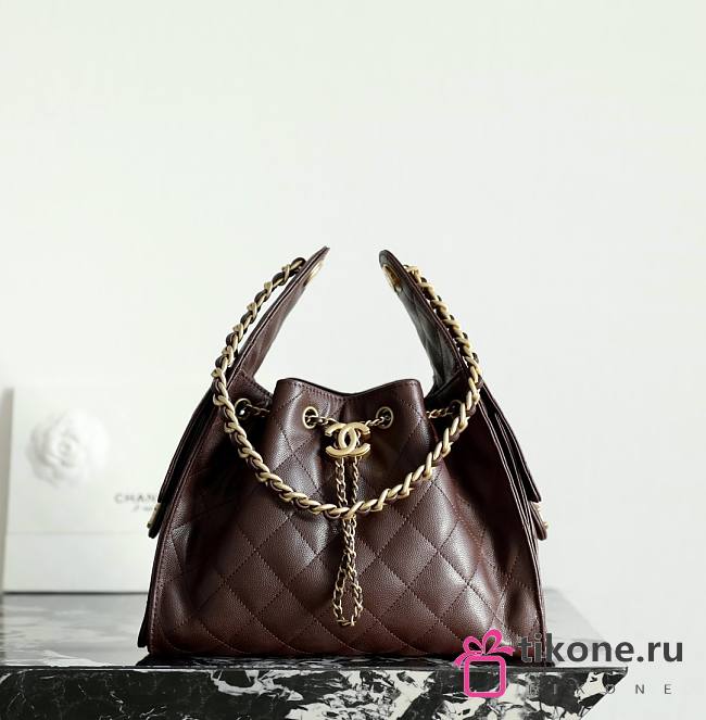 Chanel 25 Handbag Small Grained Calfskin Gold Tone Metal Dark Brown - 30x26x14cm - 1